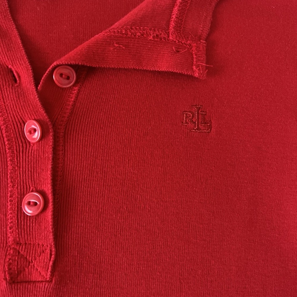 Lauren Ralph Lauren Petite Red Cotton Henley Midi Dress P/S Long Sleeve Logo - Picture 4 of 10